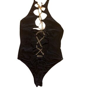 No1 Los Angeles one piece black swimsuit with gold chain Lace up Small swimwear